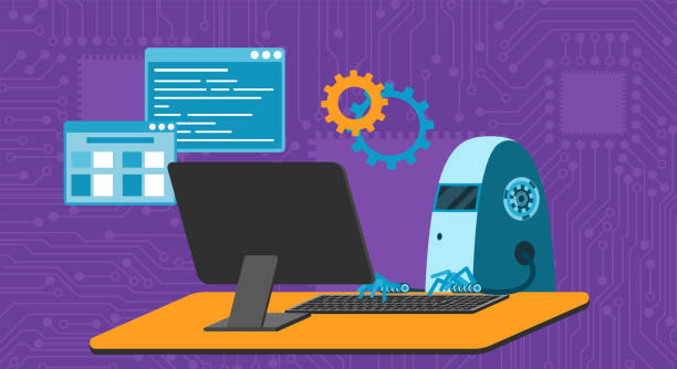 automated work of software, business project development, robot using keyboard at table - 系統(tǒng)軟件開(kāi)發(fā) 幅插畫檔、美工圖案、卡通及圖標(biāo)